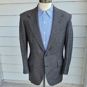 OXXFORD Green Grey Tan Plaid Houndstooth Weave Tweed Sz 40 R Mens Sport Coat VTG